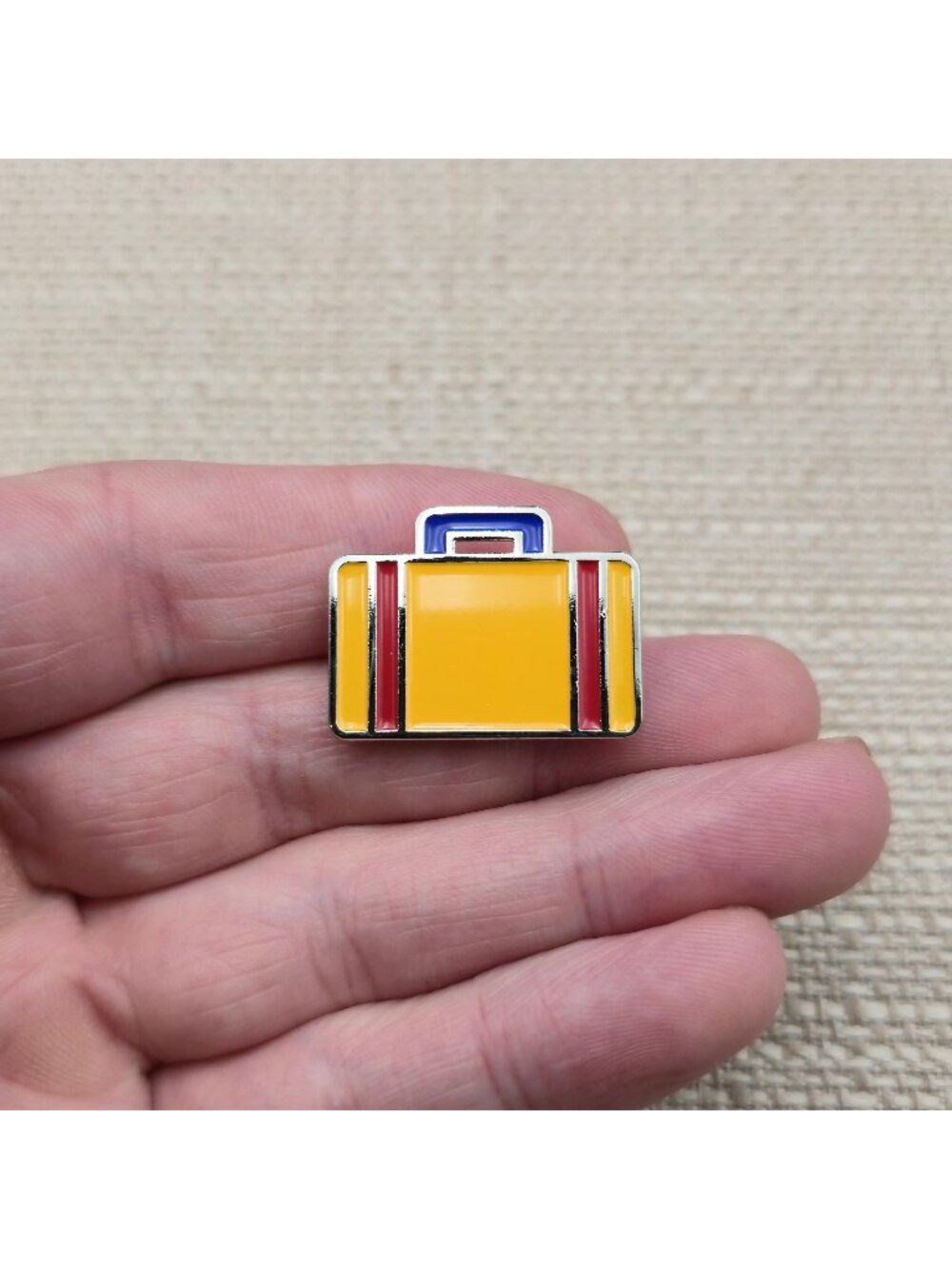 Retro Yellow Suitcase Enamel Pin | Red and Blue Travel Luggage Lapel Pin A8584
